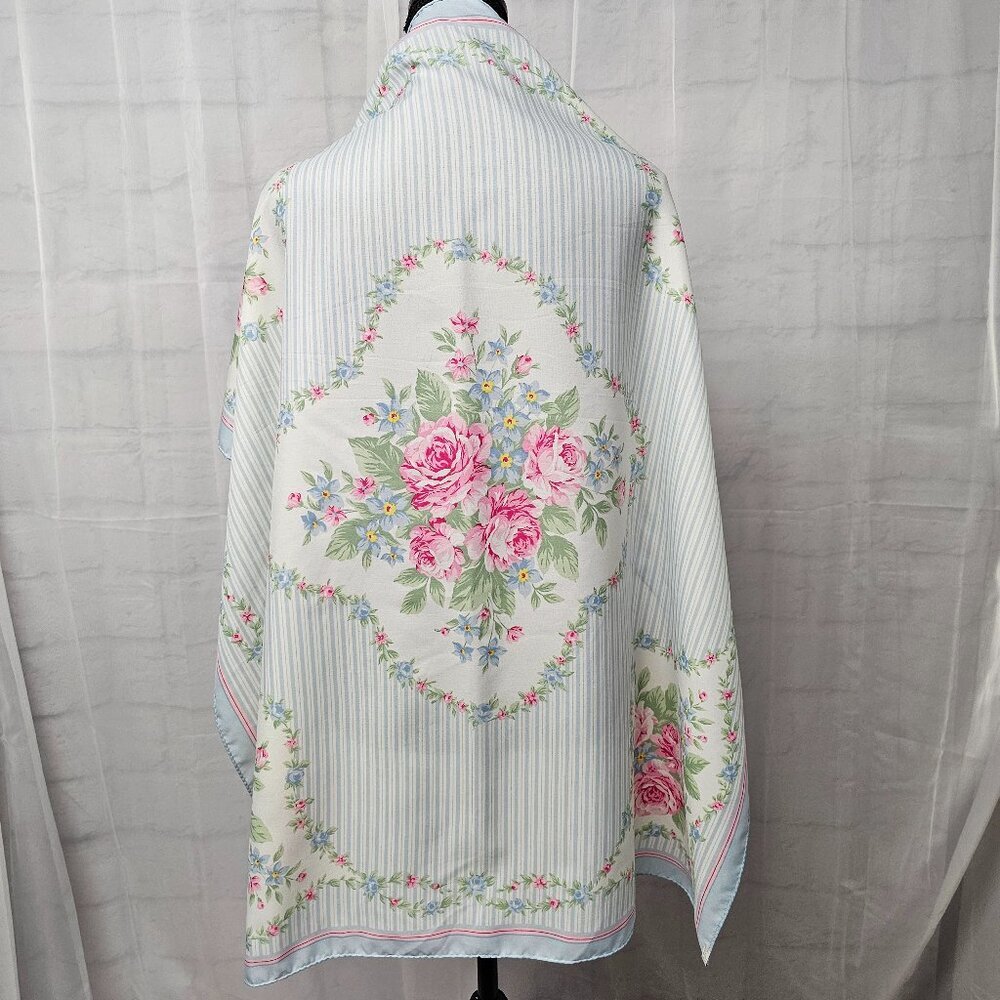Vintage Avon Blue Pink Floral Striped Cottagecore Boho Prairie Scarf